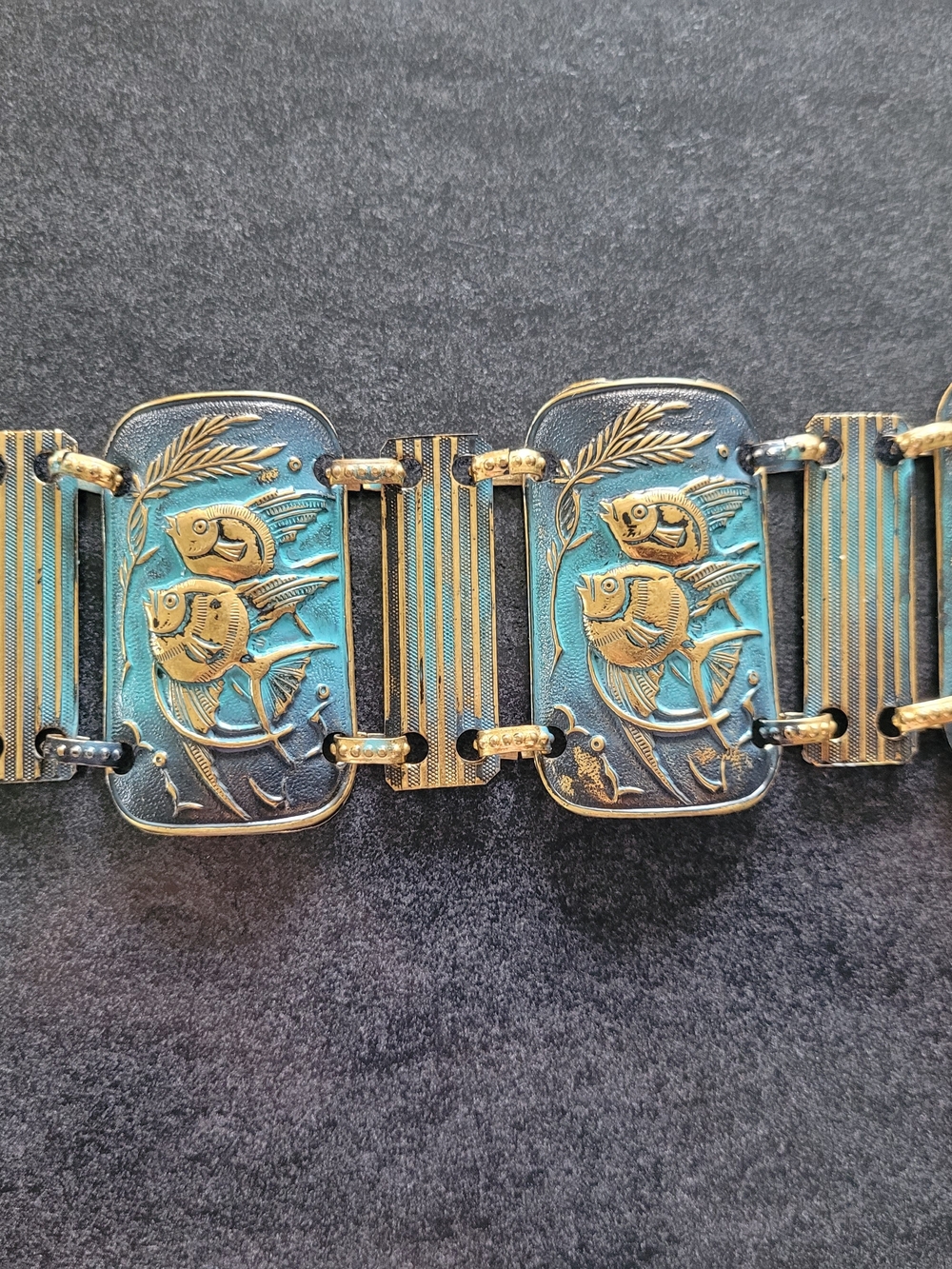 Vintage Mid-Century Teal & Gold Metal Fish & Bamboo Bracelet + Free Pouch!